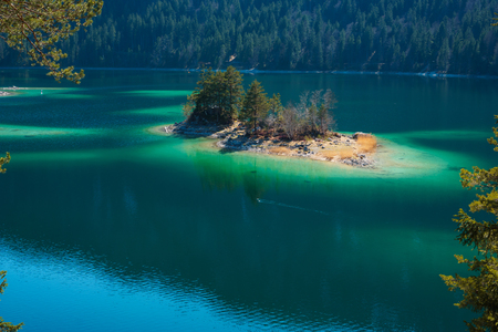 famous eibsee lake in front of zugspitze mountain in germany