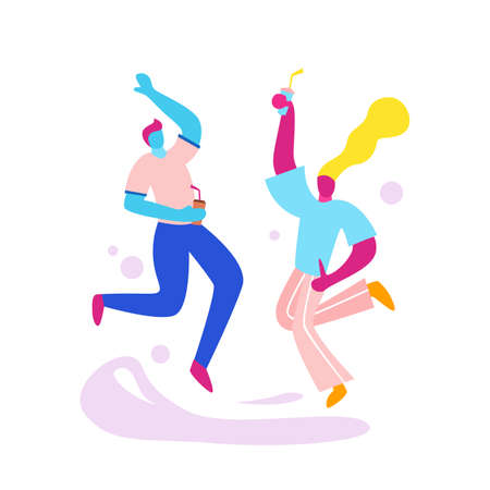 two people are having a party and having fun. With cartoon illustrationのイラスト素材