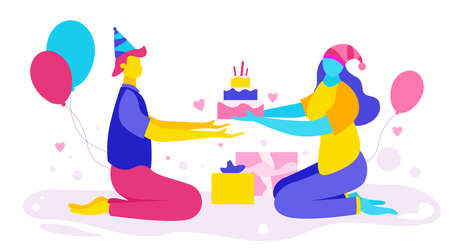 illustration of a couple giving a birthday cake with balloon . For boyfriends, husbands and wives and friends. With cartoon character and full colorのイラスト素材