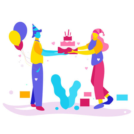 Illustration of a couple giving a birthday cake .With cartoon character and full colorのイラスト素材