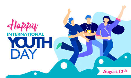 International youth day, August 12 th. with active and passionate young people illustration. on blue wavy shape and white backgroundのイラスト素材