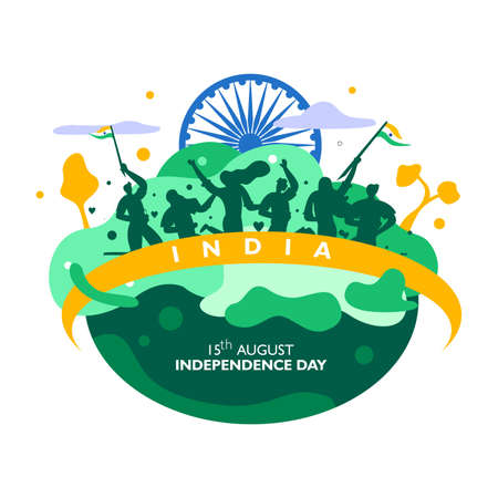 India independence day. 15 th august. indian people, symbol and ribbon flag fluttering on landscape....