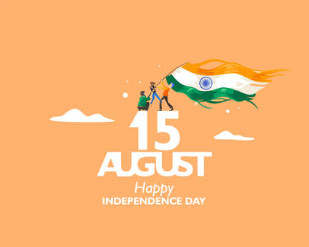 15 August text symbol, logo and icon for India independence day. with indian flag fluttering. For...
