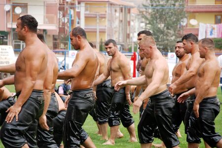 Ankara, Turkey, July 18,2009 - Competitors of KÄ±rkpÄ±nar oil wrestlerのeditorial素材