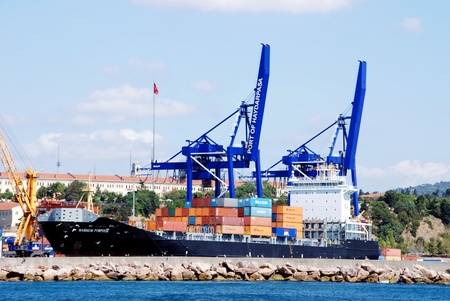 Cargo operations on a container ship in port Istanbul, Turkey