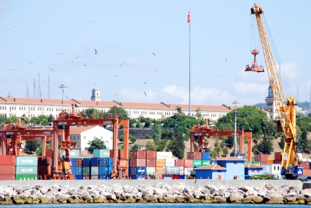 Cargo operations on a container ship in port Istanbul, Turkeyのeditorial素材