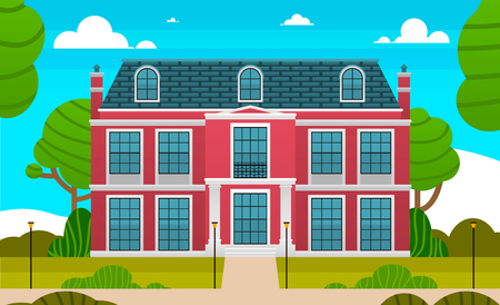 large red private house and empty front yard with green grass and trees landscape horizontal. Beautiful colorful picture. Children s world. flat designのイラスト素材