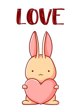 Cute bunny with heart cartoon kawaii love flat hand drawn isolated on white backgroundのイラスト素材