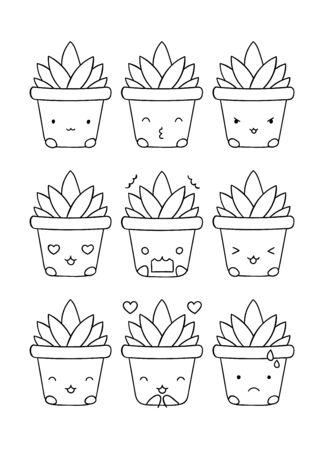 Coloring pages, black and white cute hand drawn emotion aloe in pot doodlesのイラスト素材