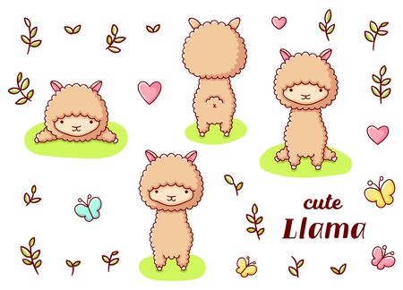 Set cute kawaii hand drawn llama doodles, isolated on white background, clipart, printのイラスト素材