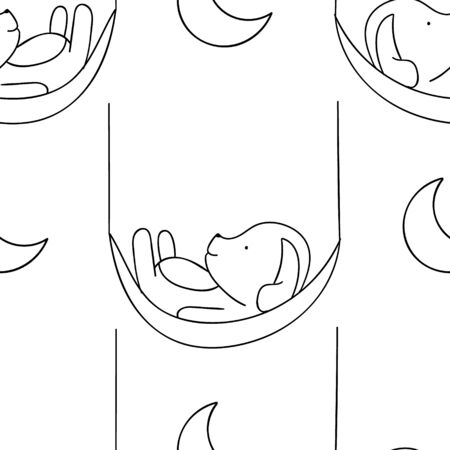 Simple seamless pattern, black and white cute kawaii hand drawn dog doodles, coloring pages, printのイラスト素材