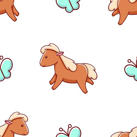 Seamless pattern, cute kawaii hand drawn horse doodles, printのイラスト素材