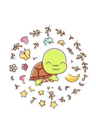 Cute kawaii hand drawn turtle doodles, circle print , isolated on white background, printのイラスト素材