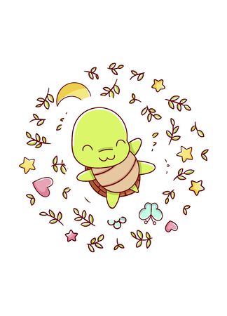 Cute kawaii hand drawn turtle doodles, circle print , isolated on white background, printのイラスト素材