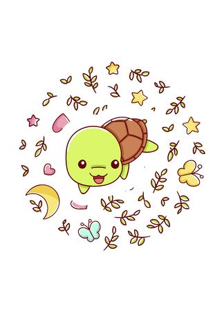 Cute kawaii hand drawn turtle doodles, circle print , isolated on white background, printのイラスト素材