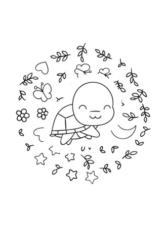 Coloring pages, black and white cute kawaii hand drawn turtle doodles, circle print, printのイラスト素材