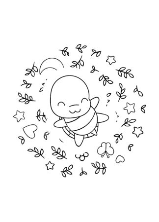 Coloring pages, black and white cute kawaii hand drawn turtle doodles, circle print, printのイラスト素材