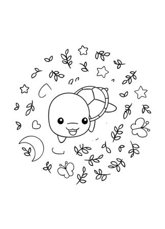 Coloring pages, black and white cute kawaii hand drawn turtle doodles, circle print, printのイラスト素材