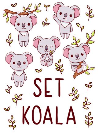 Set cute kawaii hand drawn koala doodles, isolated on white background, clipart, printのイラスト素材