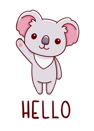 Cute kawaii hand drawn koala doodles, lettering hello, isolated on white background, printのイラスト素材