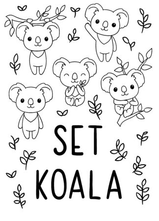 Coloring pages, black and white, set cute kawaii hand drawn koala doodlesのイラスト素材
