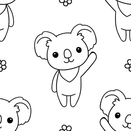 Seamless pattern, black and white cute hand drawn koala doodle, coloring pagesのイラスト素材