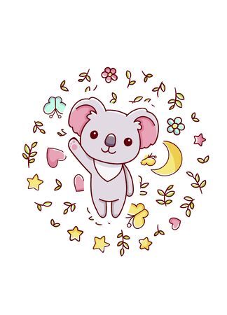 Cute kawaii hand drawn koala doodles, circle print , isolated on white background, printのイラスト素材
