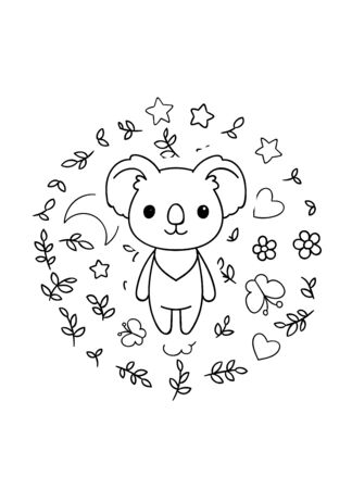 Coloring pages, black and white cute kawaii hand drawn koala doodles, circle print, printのイラスト素材
