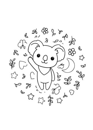 Coloring pages, black and white cute kawaii hand drawn koala doodles, circle print, printのイラスト素材