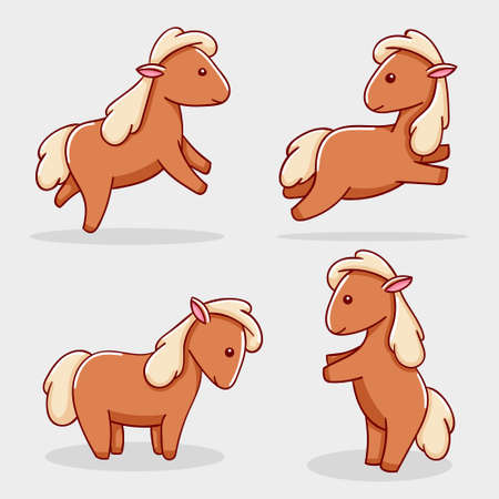 set of cute brown horse in various poses, cartoon styleのイラスト素材