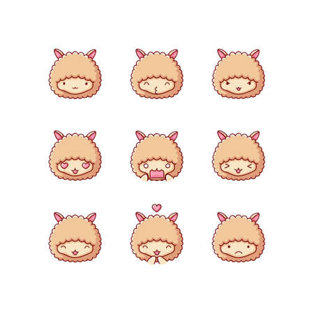 Collection of funny cute llama, alpaca emoticon characters in different emotions. Illustrationのイラスト素材