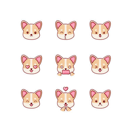 Collection of funny cute corgi, dog emoticon characters in different emotions. Illustrationのイラスト素材