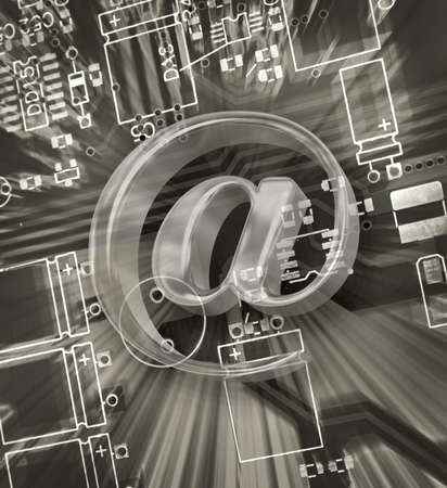 E-mail sign on a decolour printed-circuit board for electronic componentsの写真素材
