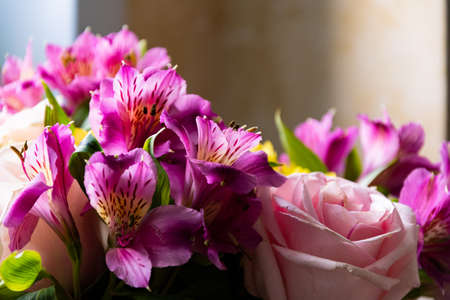 Beautiful flowers are collected in a beautiful composition. Wonderful lilies and roses.の写真素材