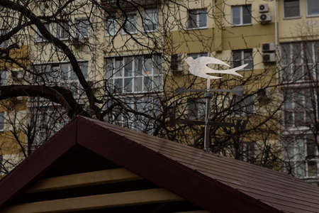 An unusual weather vane, in the form of a swallow, on the roof. A shining, metallic weather vane, in the shape of a rapidly flying swallow, indicates the direction of the wind.の写真素材