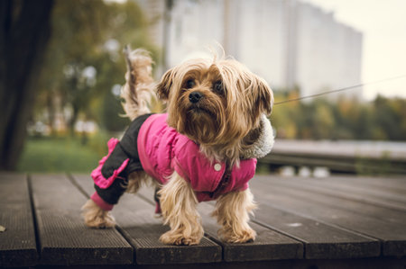 A small, fluffy dog, in clothes with a cute muzzle. A walk with a small, small, fluffy dog in an outfit.の写真素材