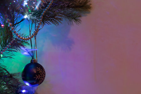 A Christmas toy in the form of a ball on the branches of a fir tree. A transparent, bright toy, on the branches of a Christmas Tree.の写真素材