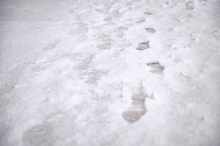 Deep boot marks on the first snow. The first snow that a man walked through, leaving footprints.の写真素材