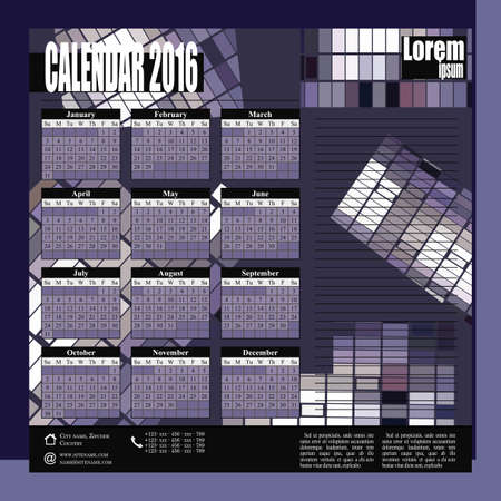 Wall Monthly Calendar for 2016 Year. Design Print Template with Place for Photo. Week Starts Monday. 3 Months on Page. Set of 12 Months - gray purpleのイラスト素材