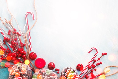 Top view Christmas decoration and ornament on light background with copy spaceの写真素材