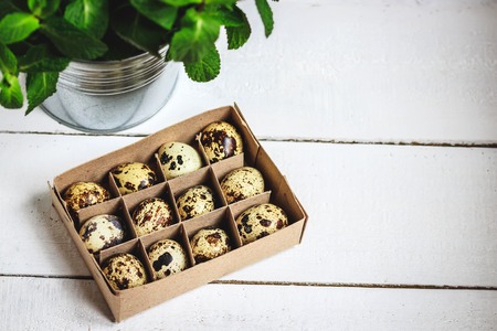 Easter spring composition, box with quail eggs. Close up portrait on white wooden background with...