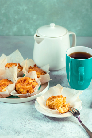 Homemade double cheese muffins with feta and mozzarella. Tasty easy cooking snack.の写真素材