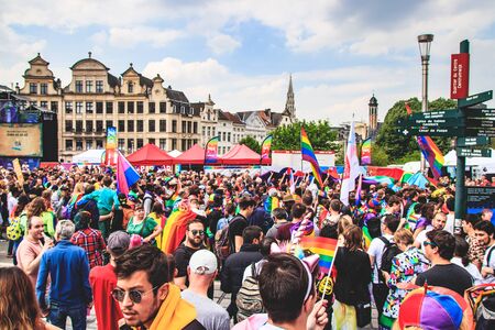 BRUSSELS, BELGIUM - 18 May 2019: Pride parade through the center of Brussels. The theme of the Belgian Pride 2019 is All for One. People took part in the Gay Pride parade to support gay rights.のeditorial素材
