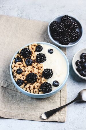 Bowl filled with corn ring cereals and berries. Healthy breakfast.の写真素材