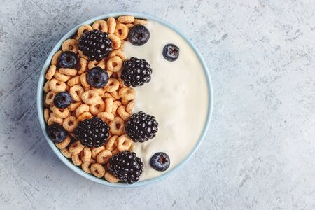 Bowl filled with corn ring cereals and berries. Healthy breakfastの写真素材