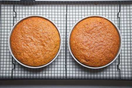 Homemade sponge cake layers inside baking pans