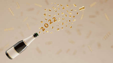 Champagne bottle splashes golden confetti. Cheerful holiday concept. 3d render illustration