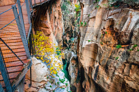 Caminito del Rey walking trail , Kings little pathway, Beautiful views of El Chorro Gorge, Ardales, Malaga, Spain.の写真素材
