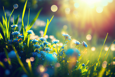 Beautiful bokeh tender spring flowers and herbs stylized illustration. Generative AIの素材