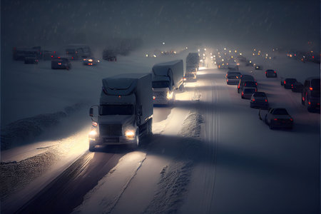 Car collapse on highway during blizzard. Generative AI.の素材